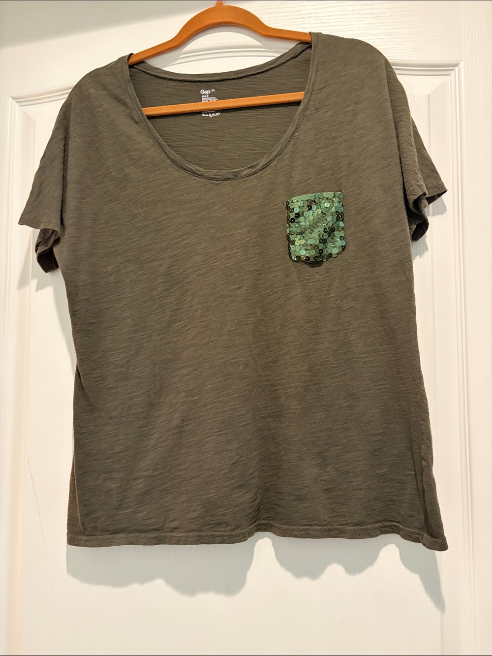 GAP Olive Green Short Sleeve Scoop Neck Tee with Sequin Pocket